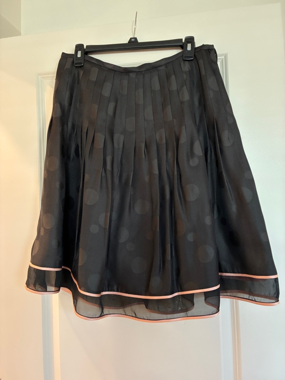 Kay Unger Black Pleated Circle-Print Skater Skirt with Pink Trim
